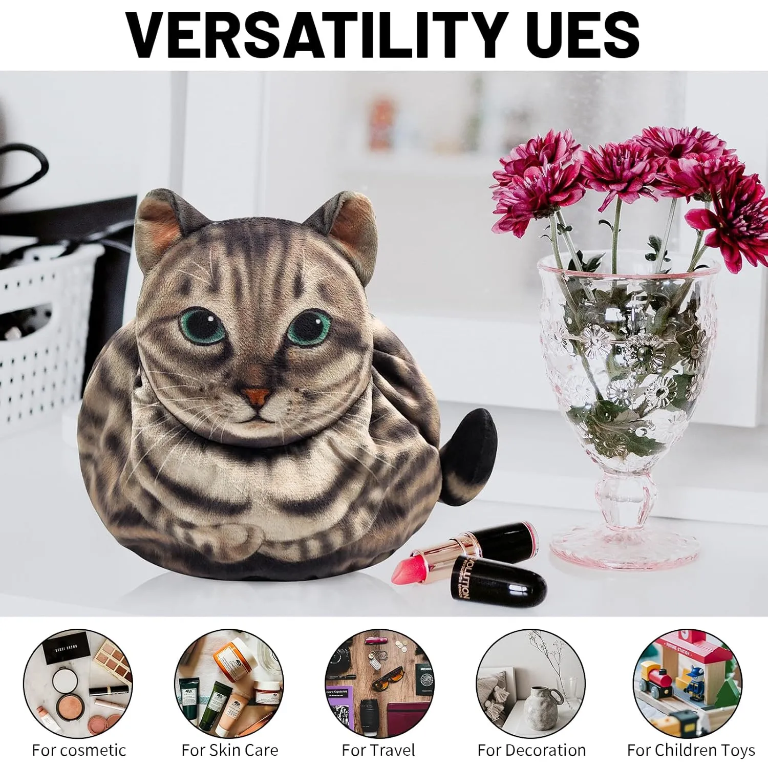 Drawstring Makeup Bag, Cat Makeup Bag, Travel Makeup Organizer, Cosmetic Pouch Bag, Cat Gift for Women, Lay Flat Makeup Bag Gifts for Cat Lovers(2-Pack)