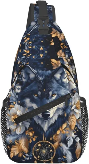 Dreamcatcher and Wolf Crossbody Bag with Abstract Picture Fitness Sports Travel Hiking Backpack Cute Animal Print Chest Bag Shoulder Bag for Women and Men