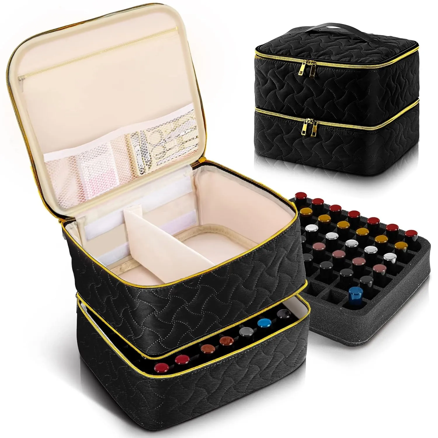DreamGenius Nail Polish Organizer Case Holds 42 Bottles, Portable Double-Layer Nail Polish Storage Bag with Adjustable Dividers for Manicure Tools, Black