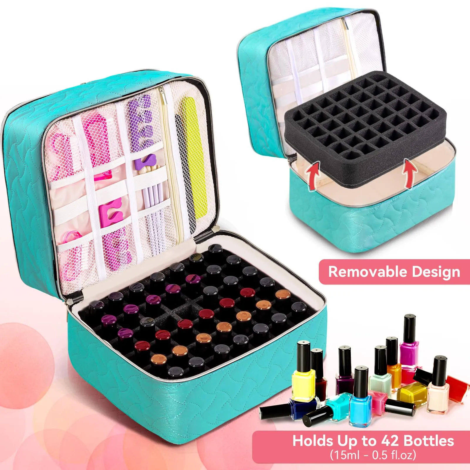 DreamGenius Nail Polish Organizer Case Holds 42 Bottles, Portable Double-Layer Nail Polish Storage Bag with Adjustable Dividers for Manicure Tools, Blue