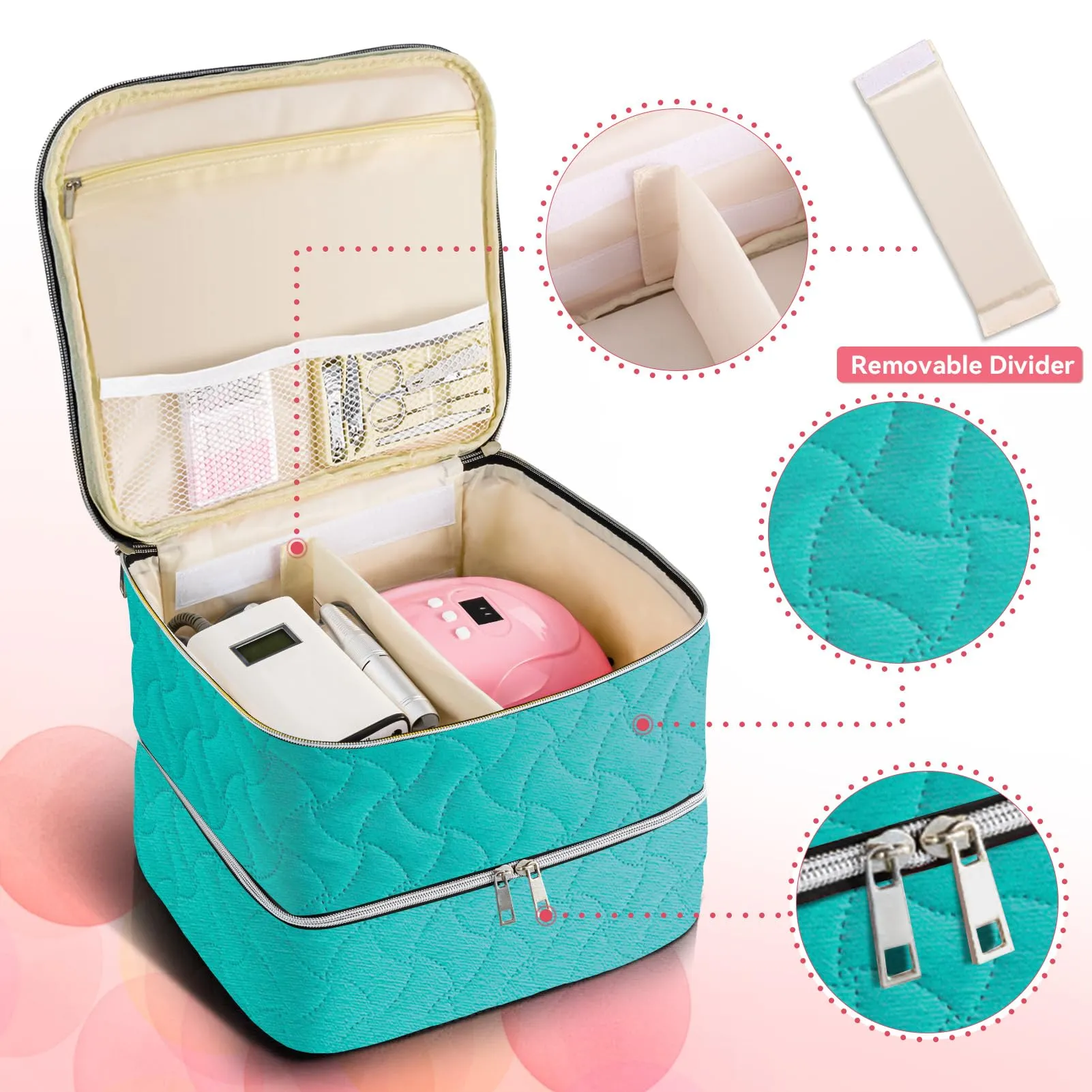DreamGenius Nail Polish Organizer Case Holds 42 Bottles, Portable Double-Layer Nail Polish Storage Bag with Adjustable Dividers for Manicure Tools, Blue