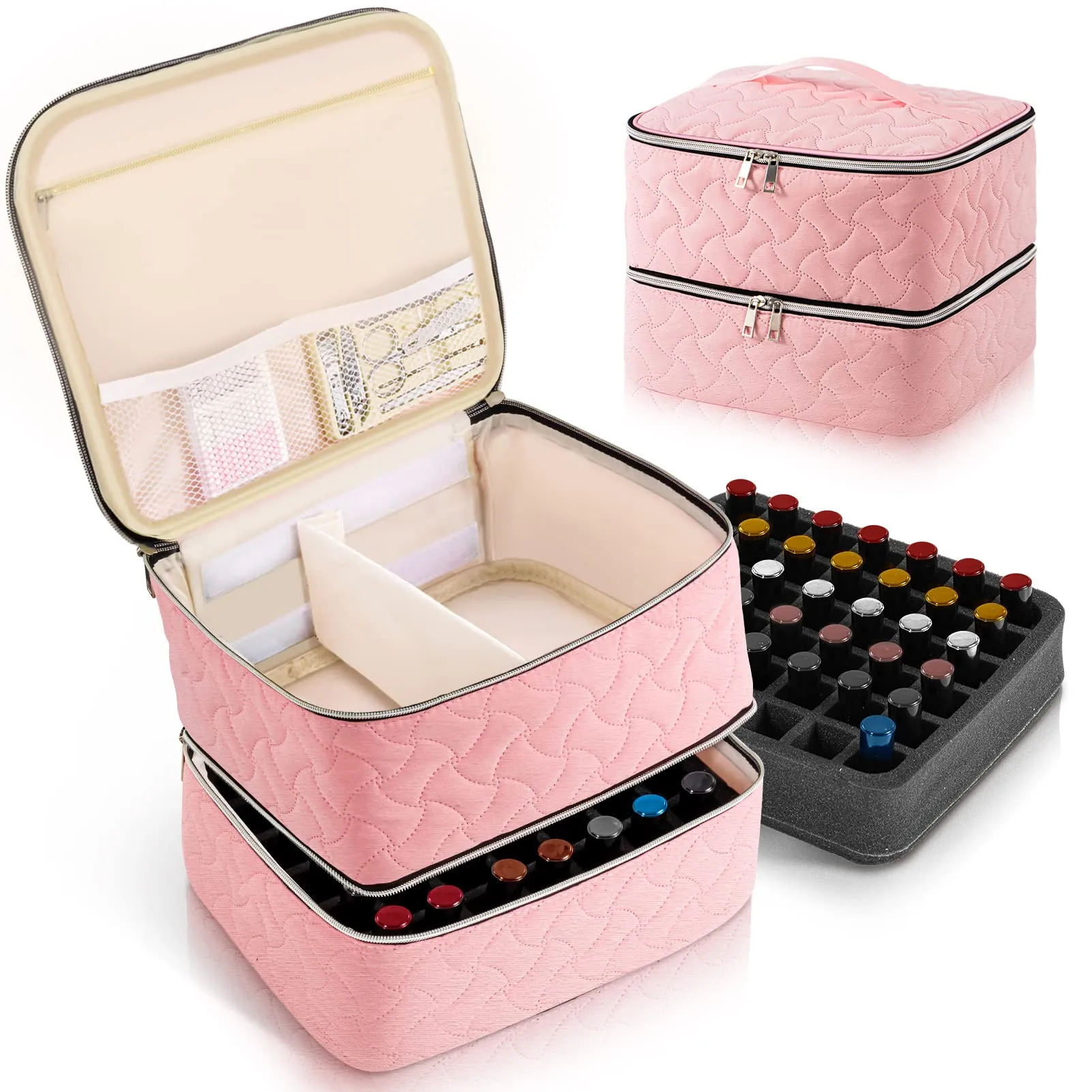 DreamGenius Nail Polish Organizer Case Holds 42 Bottles, Portable Double-Layer Nail Polish Storage Bag with Adjustable Dividers for Manicure Tools, Pink
