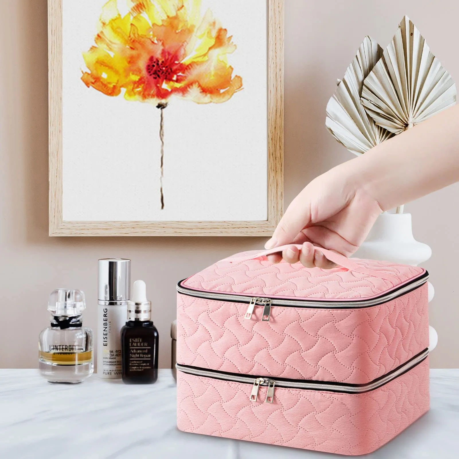 DreamGenius Nail Polish Organizer Case Holds 42 Bottles, Portable Double-Layer Nail Polish Storage Bag with Adjustable Dividers for Manicure Tools, Pink