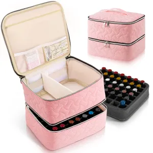 DreamGenius Nail Polish Organizer Case Holds 42 Bottles, Portable Double-Layer Nail Polish Storage Bag with Adjustable Dividers for Manicure Tools, Pink
