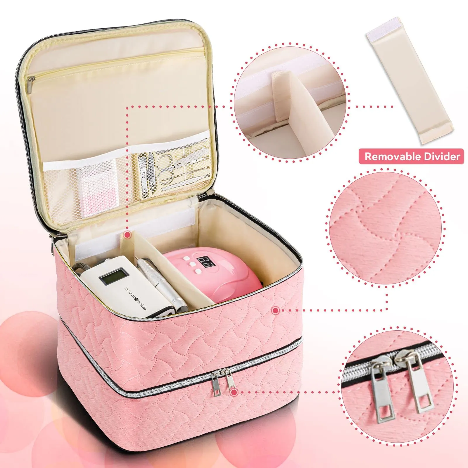 DreamGenius Nail Polish Organizer Case Holds 42 Bottles, Portable Double-Layer Nail Polish Storage Bag with Adjustable Dividers for Manicure Tools, Pink