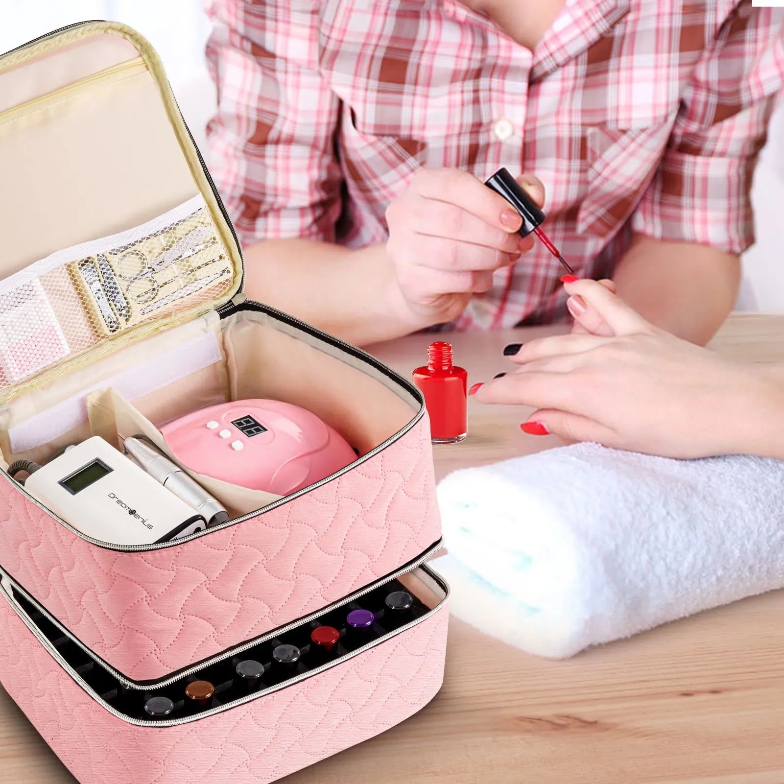 DreamGenius Nail Polish Organizer Case Holds 42 Bottles, Portable Double-Layer Nail Polish Storage Bag with Adjustable Dividers for Manicure Tools, Pink