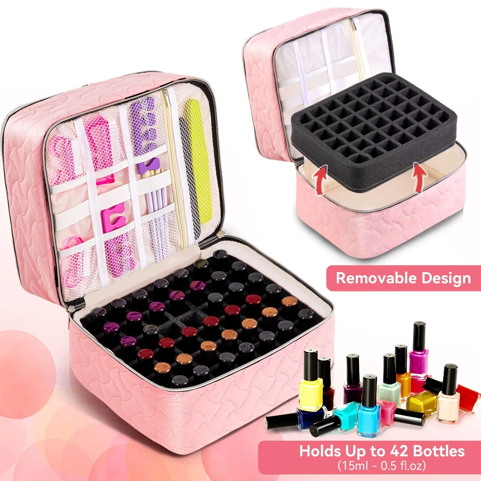 DreamGenius Nail Polish Organizer Case Holds 42 Bottles, Portable Double-Layer Nail Polish Storage Bag with Adjustable Dividers for Manicure Tools, Pink