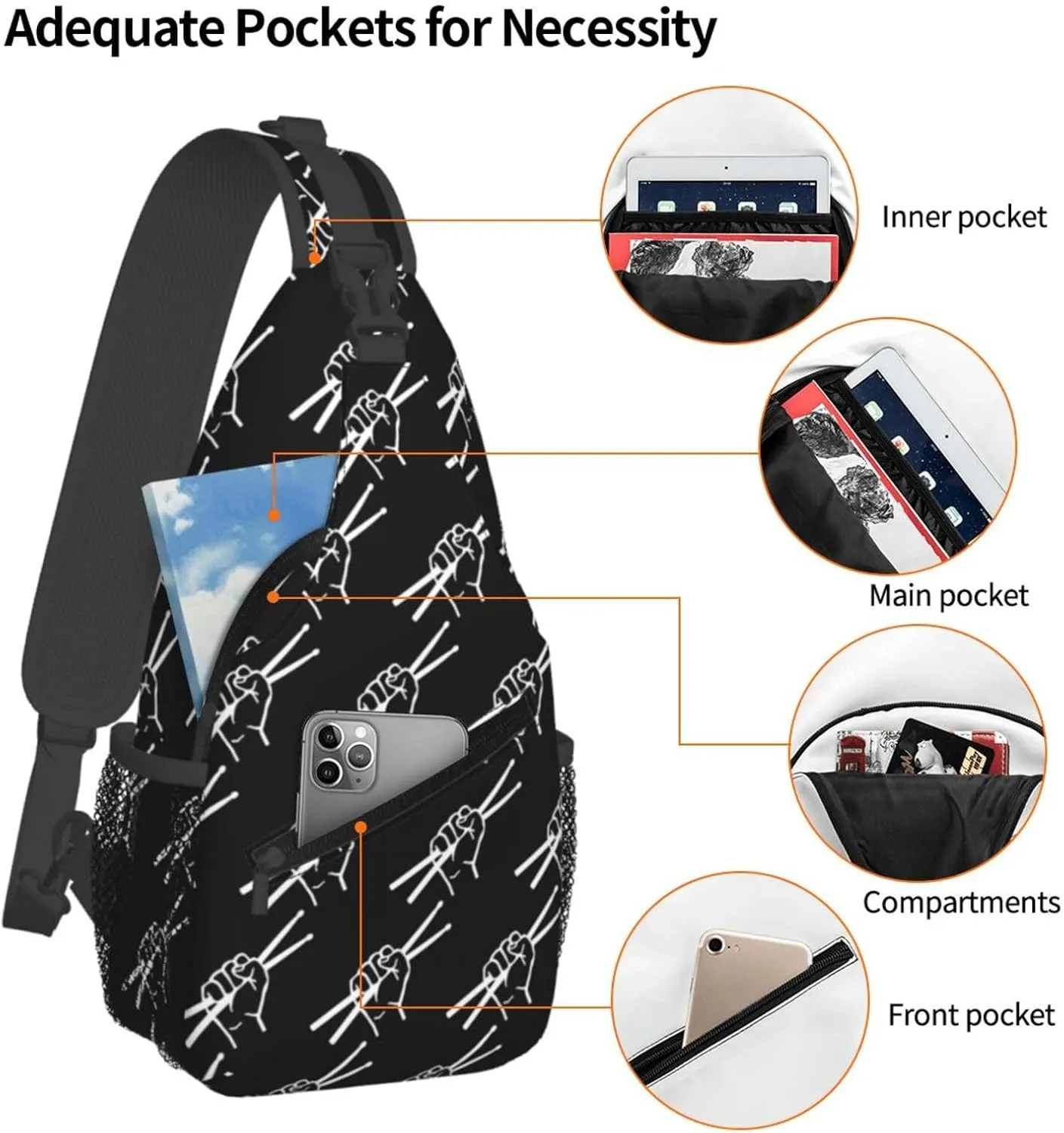 Drumsticks Drummer Sling Backpack Shoulder Chest Bag For Men Women Hiking Travel Crossbody Daypack