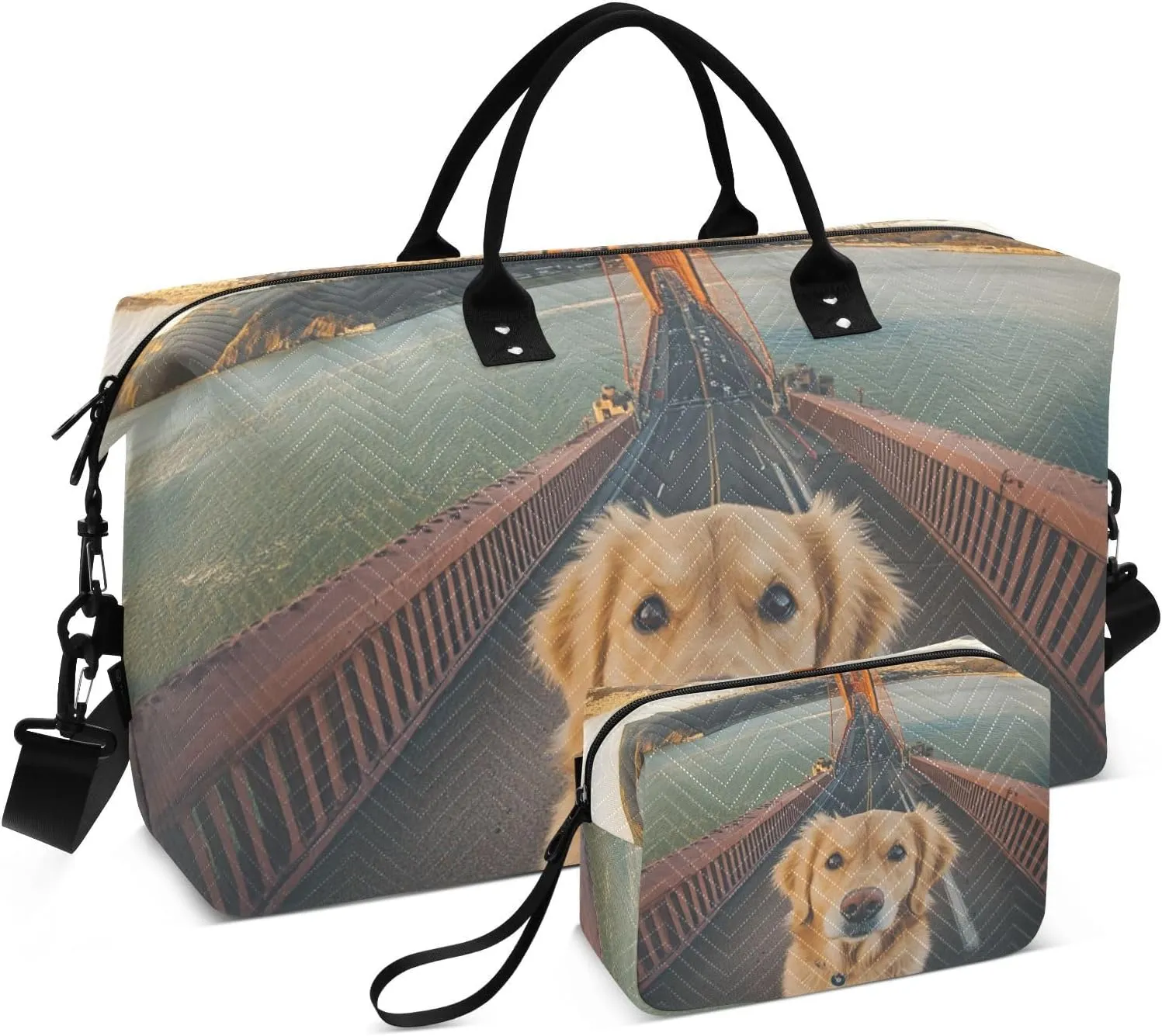 Duffel Bag Carry on Weekender Overnight Bag Sport Training Bag with Toiletry Bag for Airplane Traveling Large Capacity Cute Dog Bridge