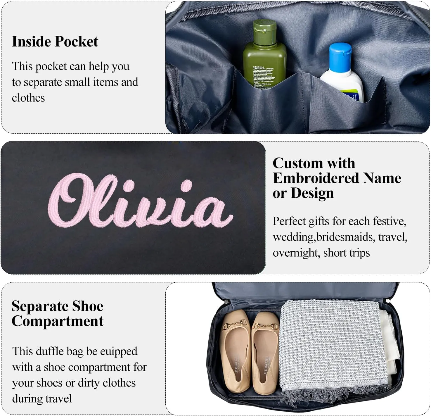 Duffle Bag for Women Girls Personalized Overnight Weekender Duffle with Name, Custom Honeymoon Travel Bag for Wedding - Waterproof & Trolley Case Sleeve，Embroidered Bridesmaid Proposal Bag