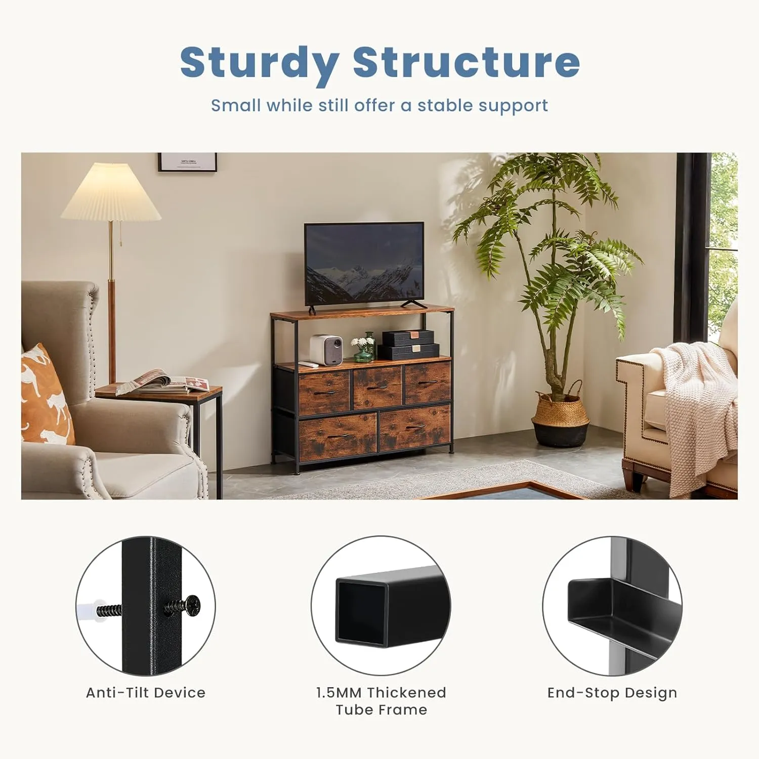 DUMOS TV Stand Dresser for Bedroom Entertainment Center with 5 Fabric Drawers Storage Organizers Units, Media Console Table with Open Shelf up for 45" Television for Living Room, Dorm, Brown