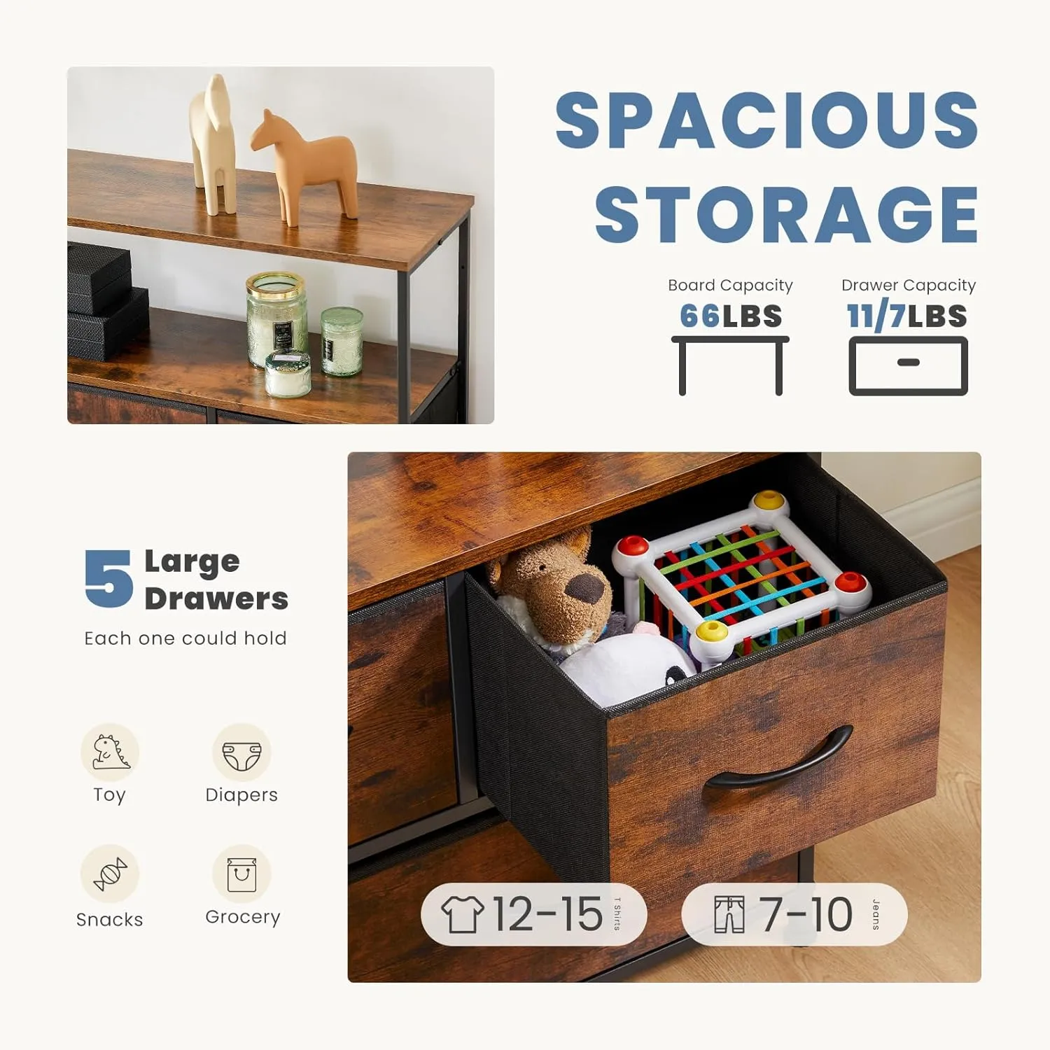 DUMOS TV Stand Dresser for Bedroom Entertainment Center with 5 Fabric Drawers Storage Organizers Units, Media Console Table with Open Shelf up for 45" Television for Living Room, Dorm, Brown