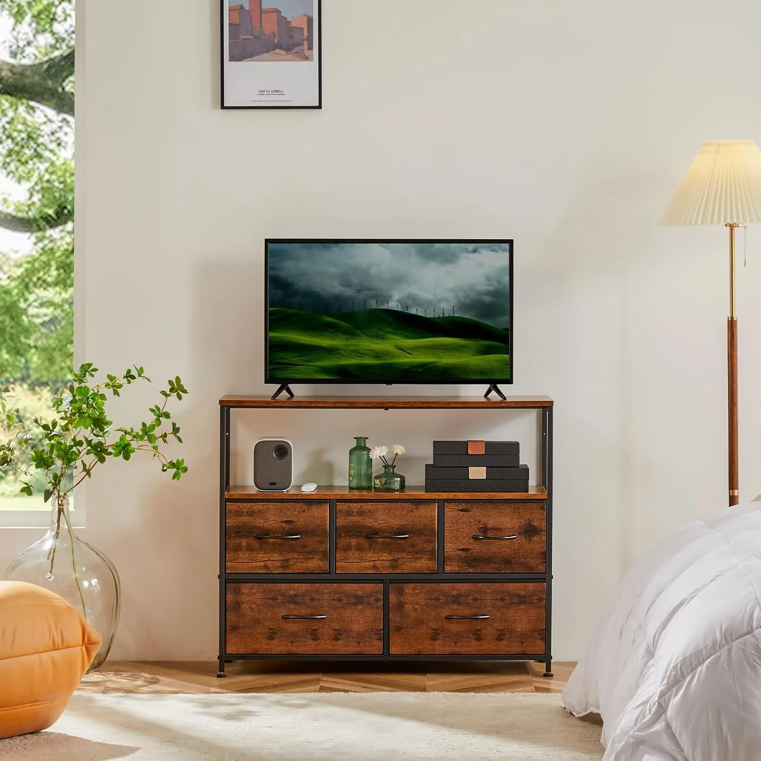 DUMOS TV Stand Dresser for Bedroom Entertainment Center with 5 Fabric Drawers Storage Organizers Units, Media Console Table with Open Shelf up for 45" Television for Living Room, Dorm, Brown