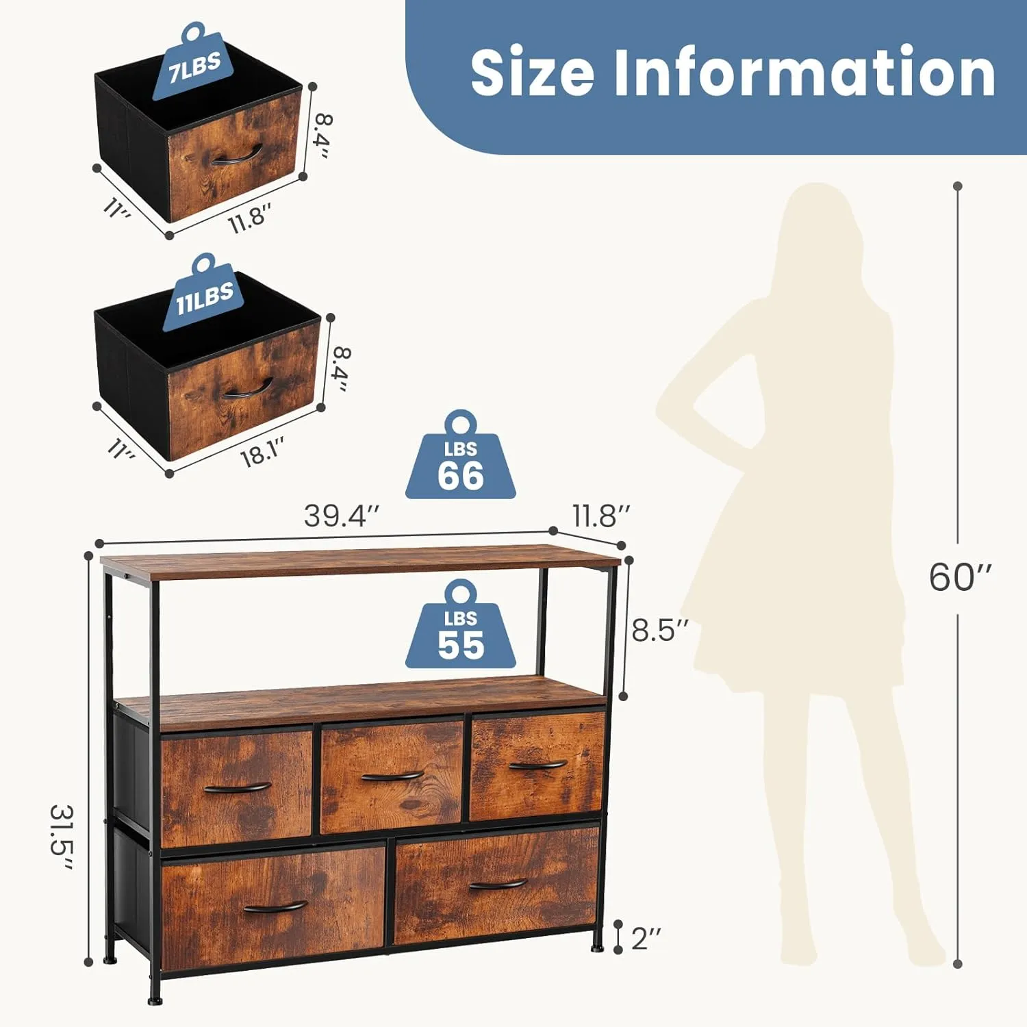 DUMOS TV Stand Dresser for Bedroom Entertainment Center with 5 Fabric Drawers Storage Organizers Units, Media Console Table with Open Shelf up for 45" Television for Living Room, Dorm, Brown