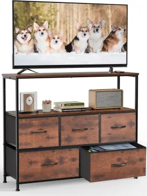 DUMOS TV Stand Dresser for Bedroom Entertainment Center with 5 Fabric Drawers Storage Organizers Units, Media Console Table with Open Shelf up for 45" Television for Living Room, Dorm, Brown