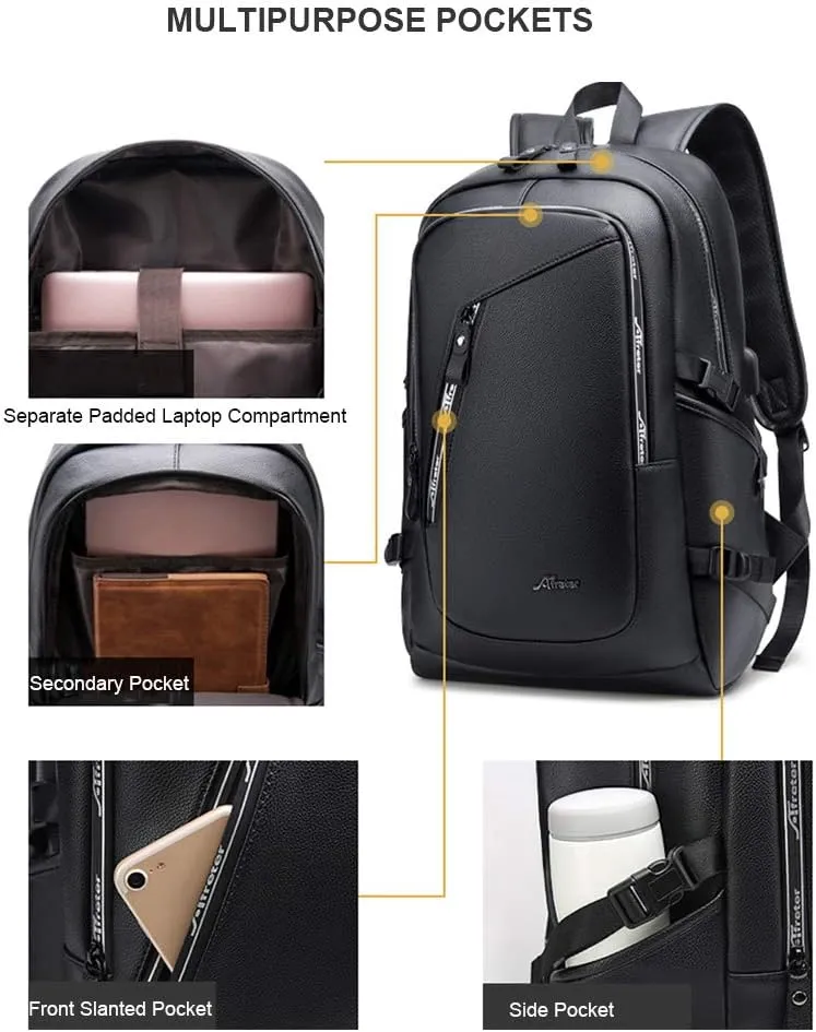 DYJ Vegan Leather Laptop Backpack for Women&Men, PU Vintage Travel Daypacks with USB Charging Port 17 Inch Laptop