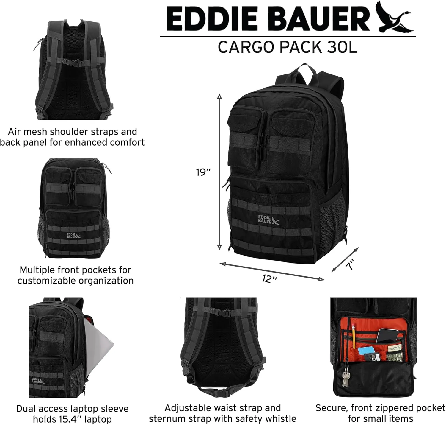 Eddie Bauer Cargo Backpack with Organization Compartments and Hydration/Laptop Compatible Sleeve, Black, 30L
