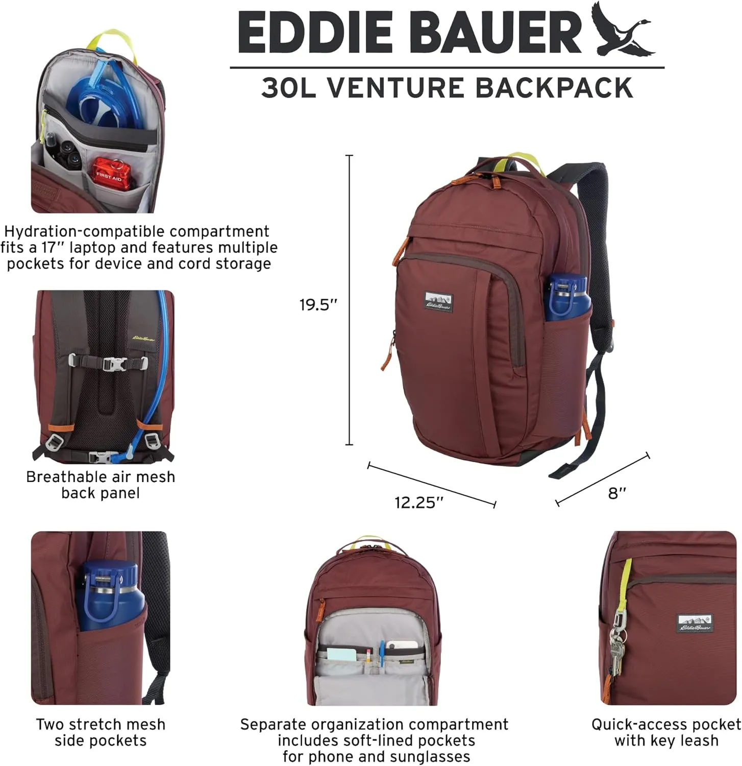 Eddie Bauer Venture Backpack with Organization Compartments and Hydration/Laptop Compatible Sleeve, Carbon Black, 30L