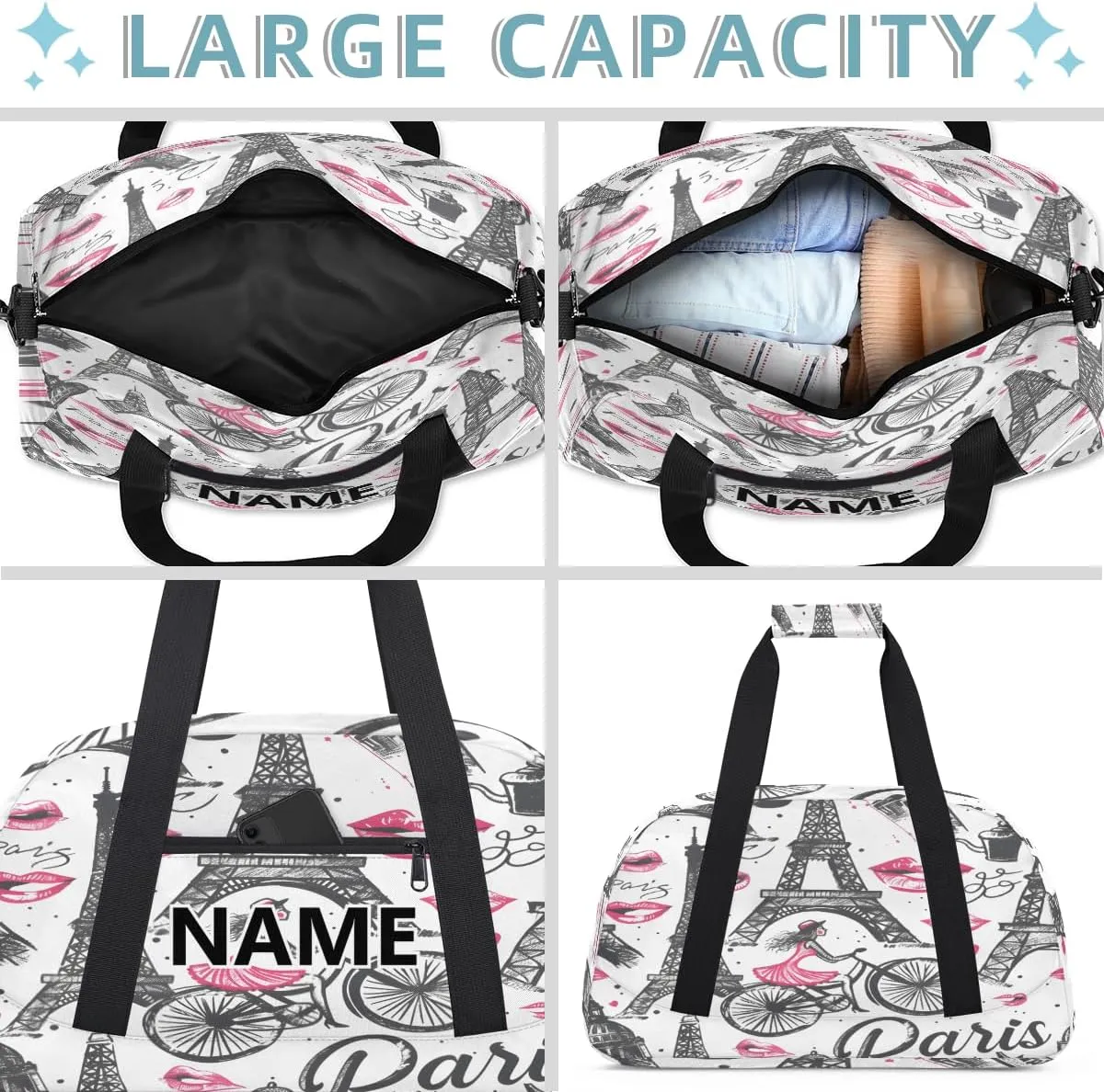 Eiffel Tower Mini Gym Bag 18 inch for Women Men Waterproof Custom Romantic Paris Travel Duffel Bag Carry On Overnight Tote Nurse Bag for Work Fitness Hiking