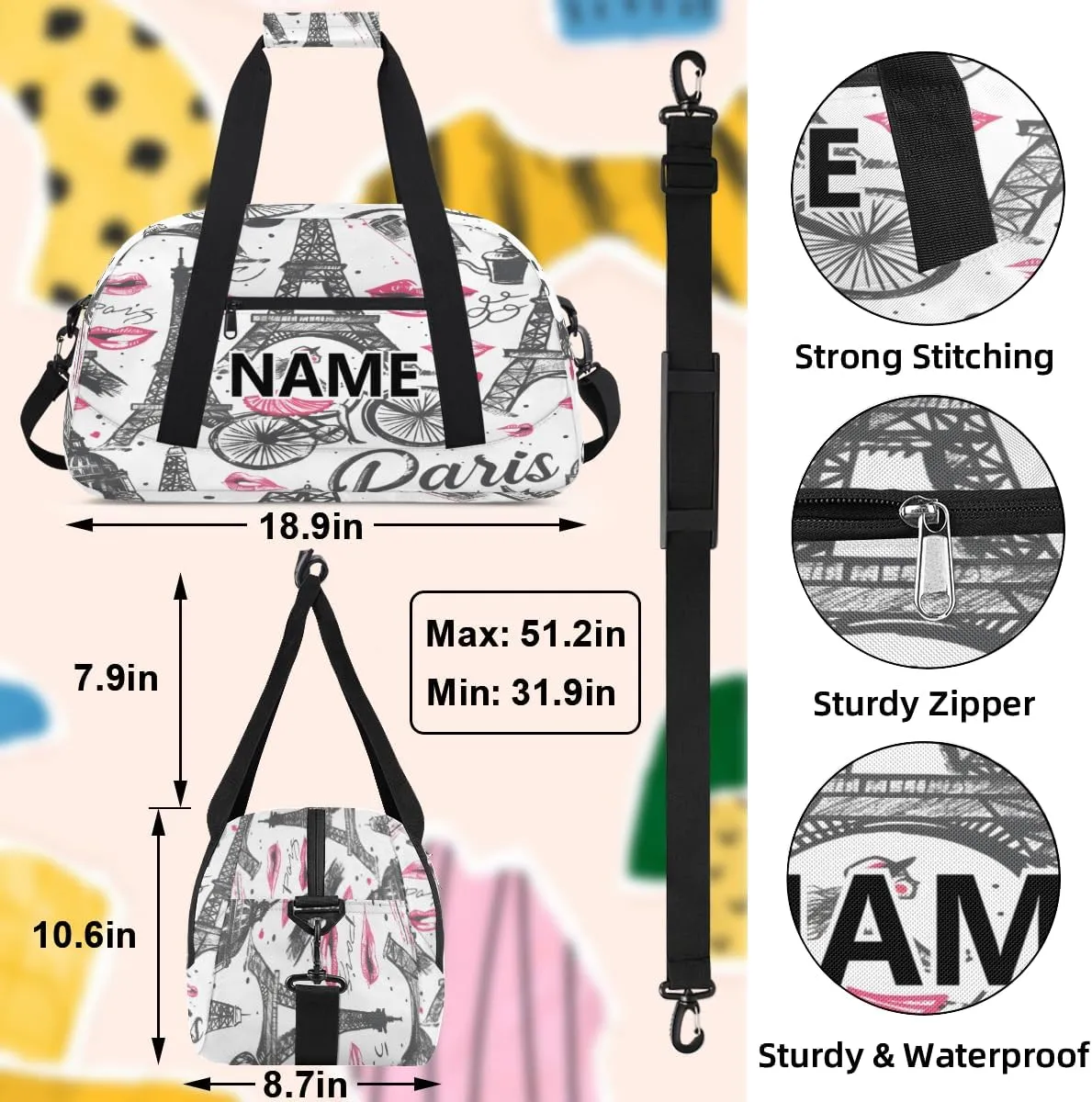 Eiffel Tower Mini Gym Bag 18 inch for Women Men Waterproof Custom Romantic Paris Travel Duffel Bag Carry On Overnight Tote Nurse Bag for Work Fitness Hiking