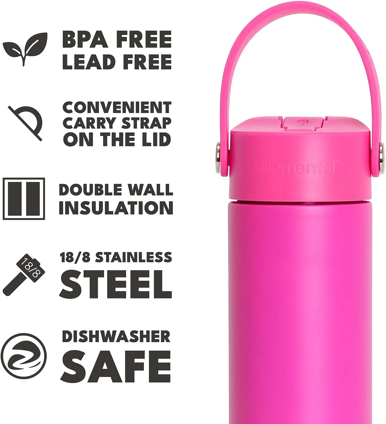 Elemental Stainless Steel Water Bottle with Straw - Leak Proof Double Wall Insulated Water Bottles for Travel, Sports and Gym - BPA Free Sport Thermos with Flip-up Straws - 24oz, Hot Pink