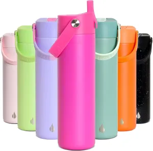 Elemental Stainless Steel Water Bottle with Straw - Leak Proof Double Wall Insulated Water Bottles for Travel, Sports and Gym - BPA Free Sport Thermos with Flip-up Straws - 24oz, Hot Pink
