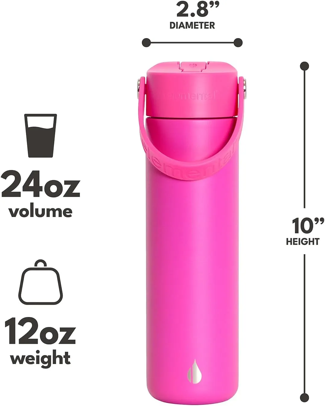 Elemental Stainless Steel Water Bottle with Straw - Leak Proof Double Wall Insulated Water Bottles for Travel, Sports and Gym - BPA Free Sport Thermos with Flip-up Straws - 24oz, Hot Pink