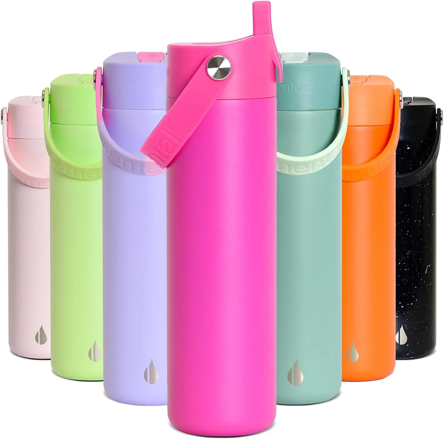 Elemental Stainless Steel Water Bottle with Straw - Leak Proof Double Wall Insulated Water Bottles for Travel, Sports and Gym - BPA Free Sport Thermos with Flip-up Straws - 24oz, Hot Pink