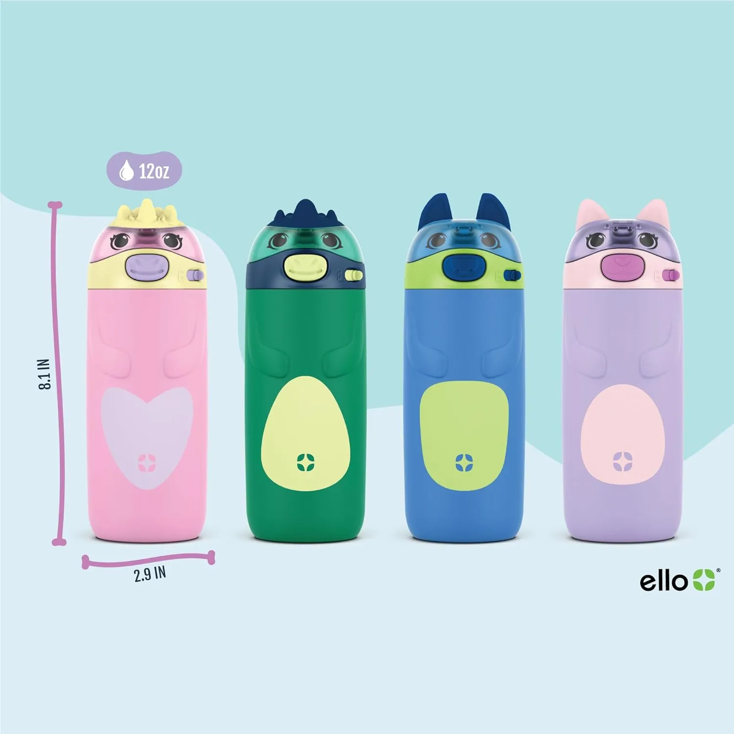 Ello Ellies 12oz Vacuum Insulated Stainless Steel Kids Water Bottle with Straw and Built-in Carrying Handle and Leak-Proof Locking Lid for School Backpack, Lunchbox and Outdoor Sports