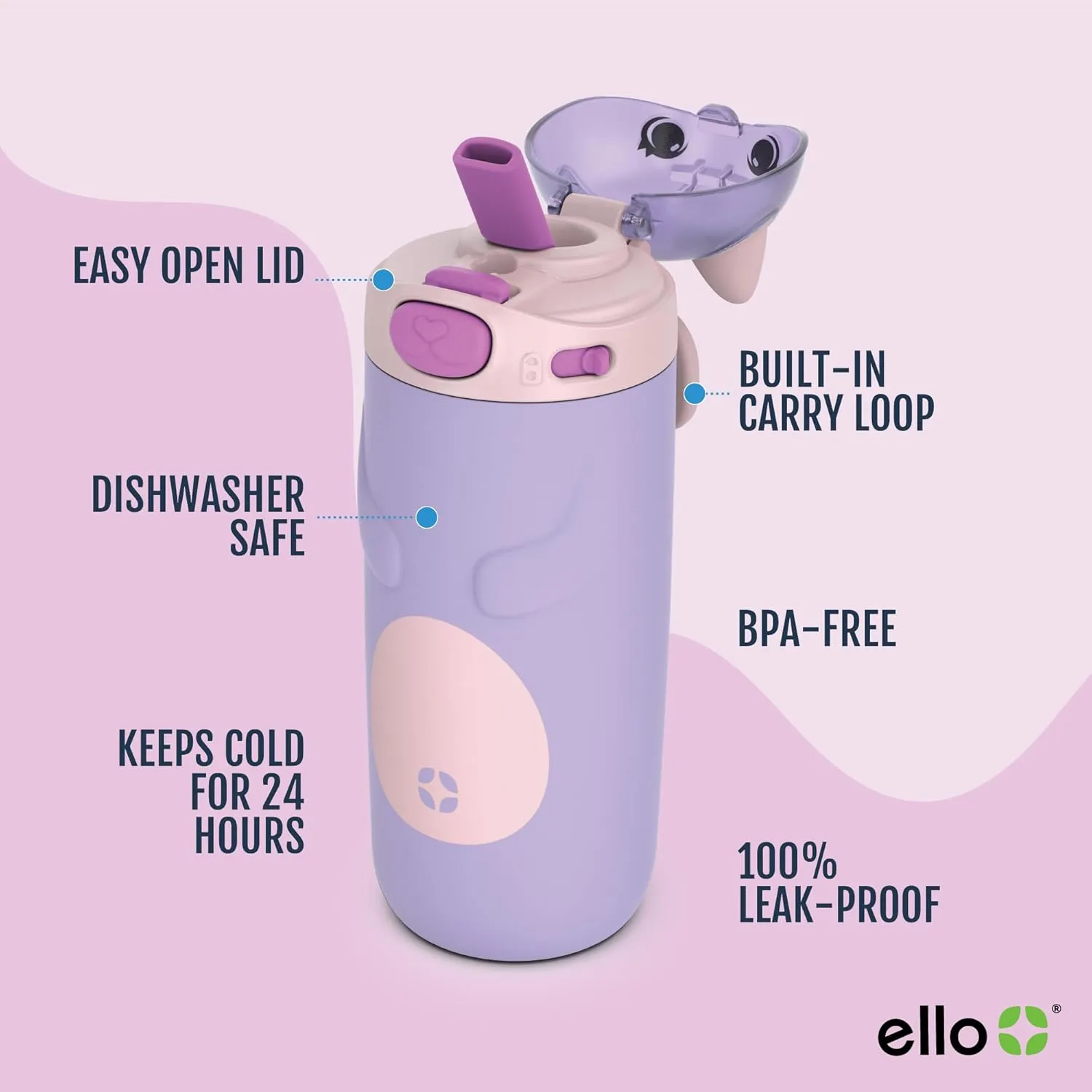 Ello Ellies 12oz Vacuum Insulated Stainless Steel Kids Water Bottle with Straw and Built-in Carrying Handle and Leak-Proof Locking Lid for School Backpack, Lunchbox and Outdoor Sports