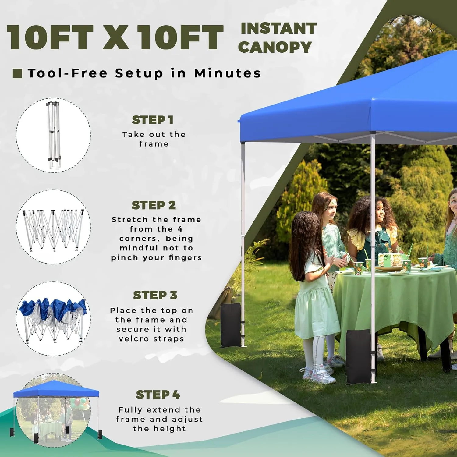 EROMMY 10x10 Pop Up Tent, Easy to Set Up Outdoor Canopy, Portable Gazebo for Events, Parties, Camping with Wheeled Bag, 4 Sand Bags, 4 Ropes and 8 Spikes(Blue)