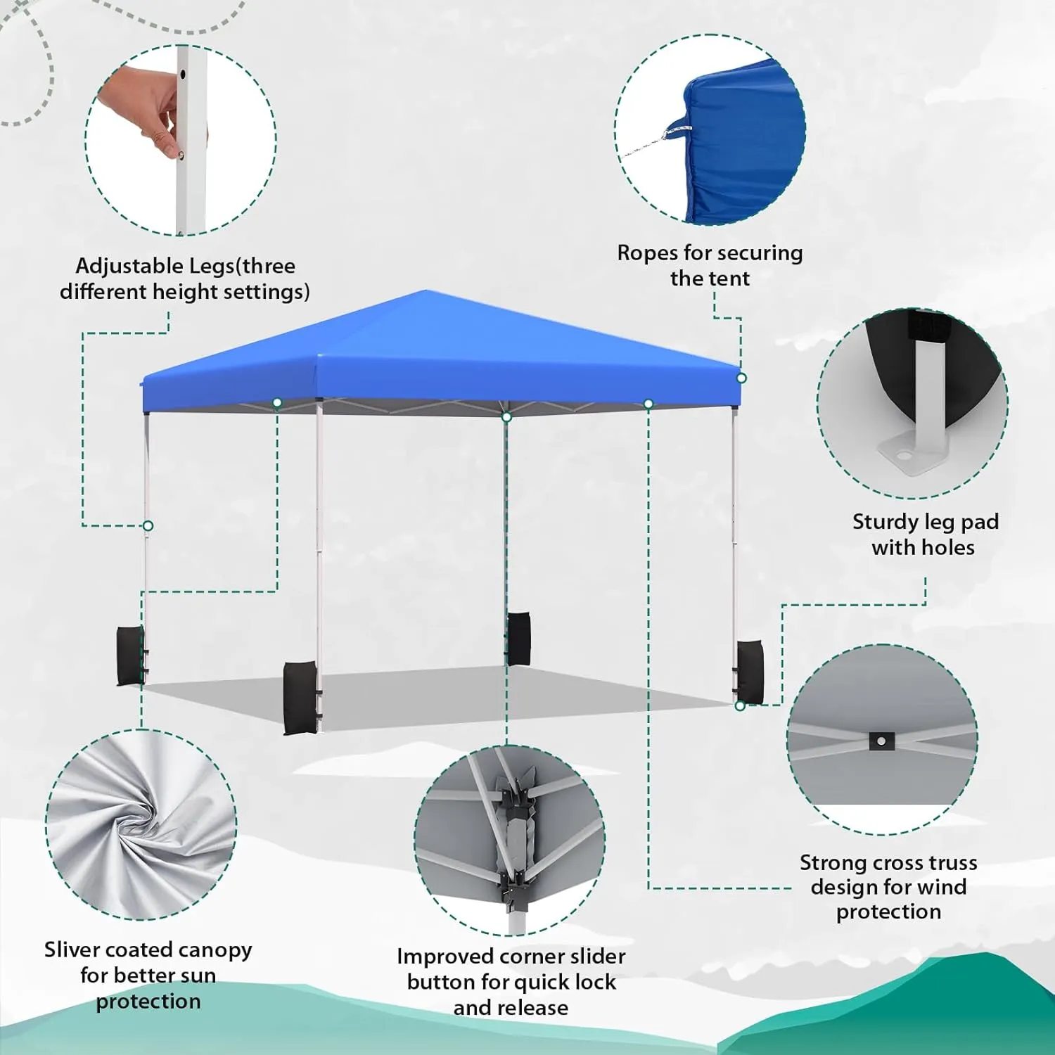 EROMMY 10x10 Pop Up Tent, Easy to Set Up Outdoor Canopy, Portable Gazebo for Events, Parties, Camping with Wheeled Bag, 4 Sand Bags, 4 Ropes and 8 Spikes(Blue)