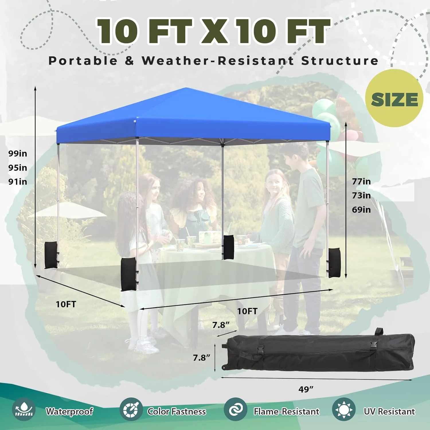 EROMMY 10x10 Pop Up Tent, Easy to Set Up Outdoor Canopy, Portable Gazebo for Events, Parties, Camping with Wheeled Bag, 4 Sand Bags, 4 Ropes and 8 Spikes(Blue)