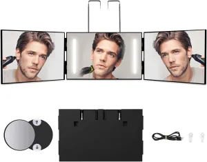 Essbhach 3 Way Mirror with Light, 360 Haircut Mirror for Men, Height Adjustable Hooks, Barber Supplies, Black with LED