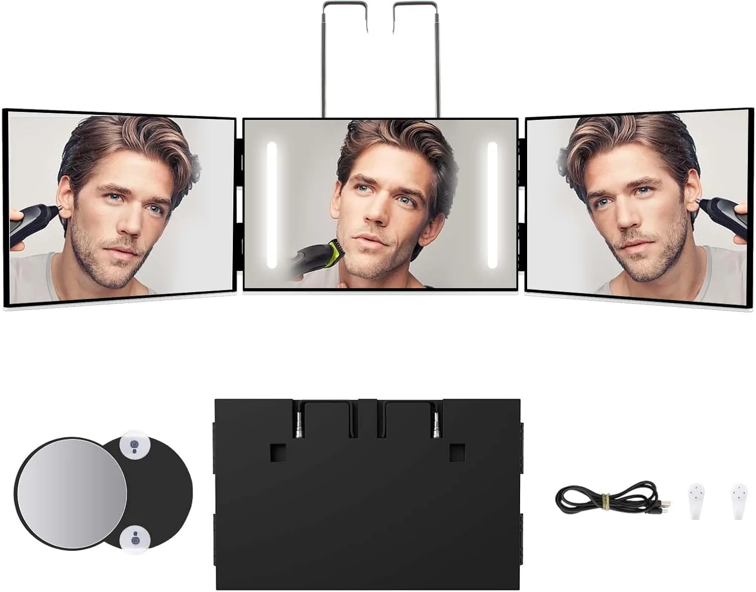 Essbhach 3 Way Mirror with Light, 360 Haircut Mirror for Men, Height Adjustable Hooks, Barber Supplies, Black with LED