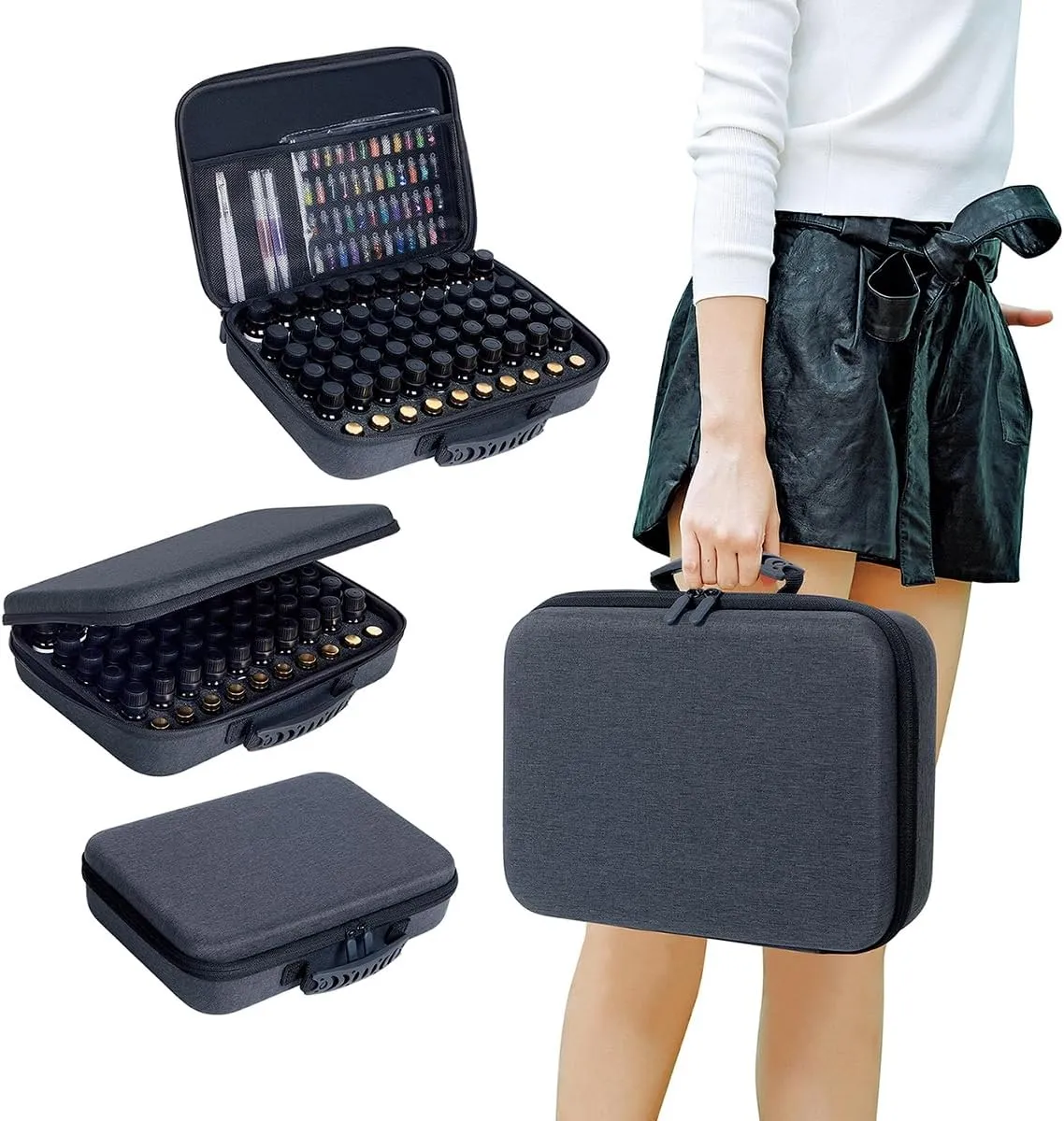 Essential Oils Carrying Case Holds 60 Grids for 1-3ML Roller Bottles 5ml, 10ml, 15ml Bottles Storage Organizer Bag Hard Shell EVA, Essential Oil Bag with Detachable Sponge Pad Black