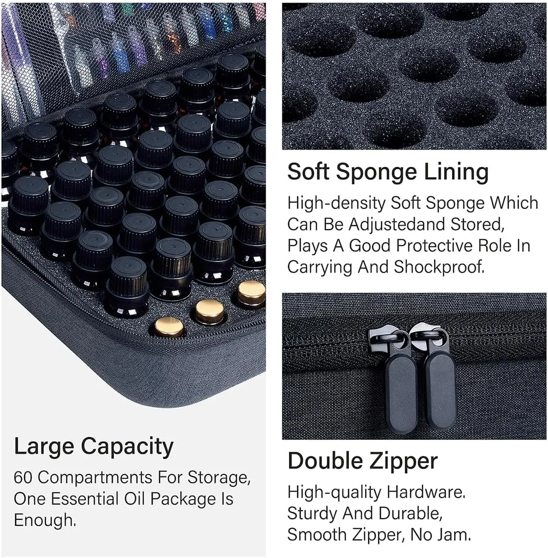 Essential Oils Carrying Case Holds 60 Grids for 1-3ML Roller Bottles 5ml, 10ml, 15ml Bottles Storage Organizer Bag Hard Shell EVA, Essential Oil Bag with Detachable Sponge Pad Black