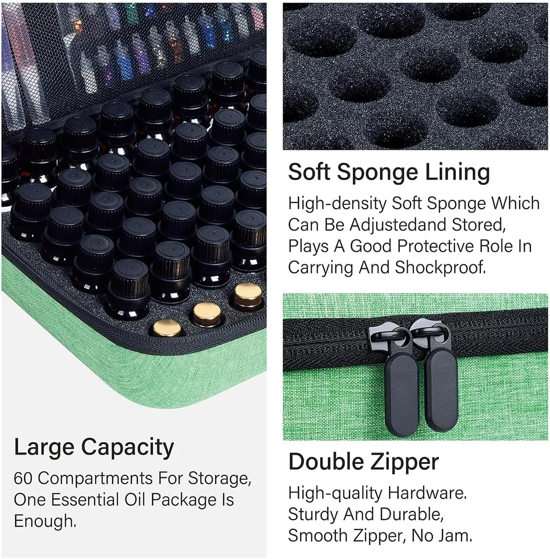 Essential Oils Carrying Case Holds 60 Grids for 1-3ML Roller Bottles 5ml, 10ml, 15ml Bottles Storage Organizer Bag Hard Shell EVA, Essential Oil Bag with Detachable Sponge Pad Green