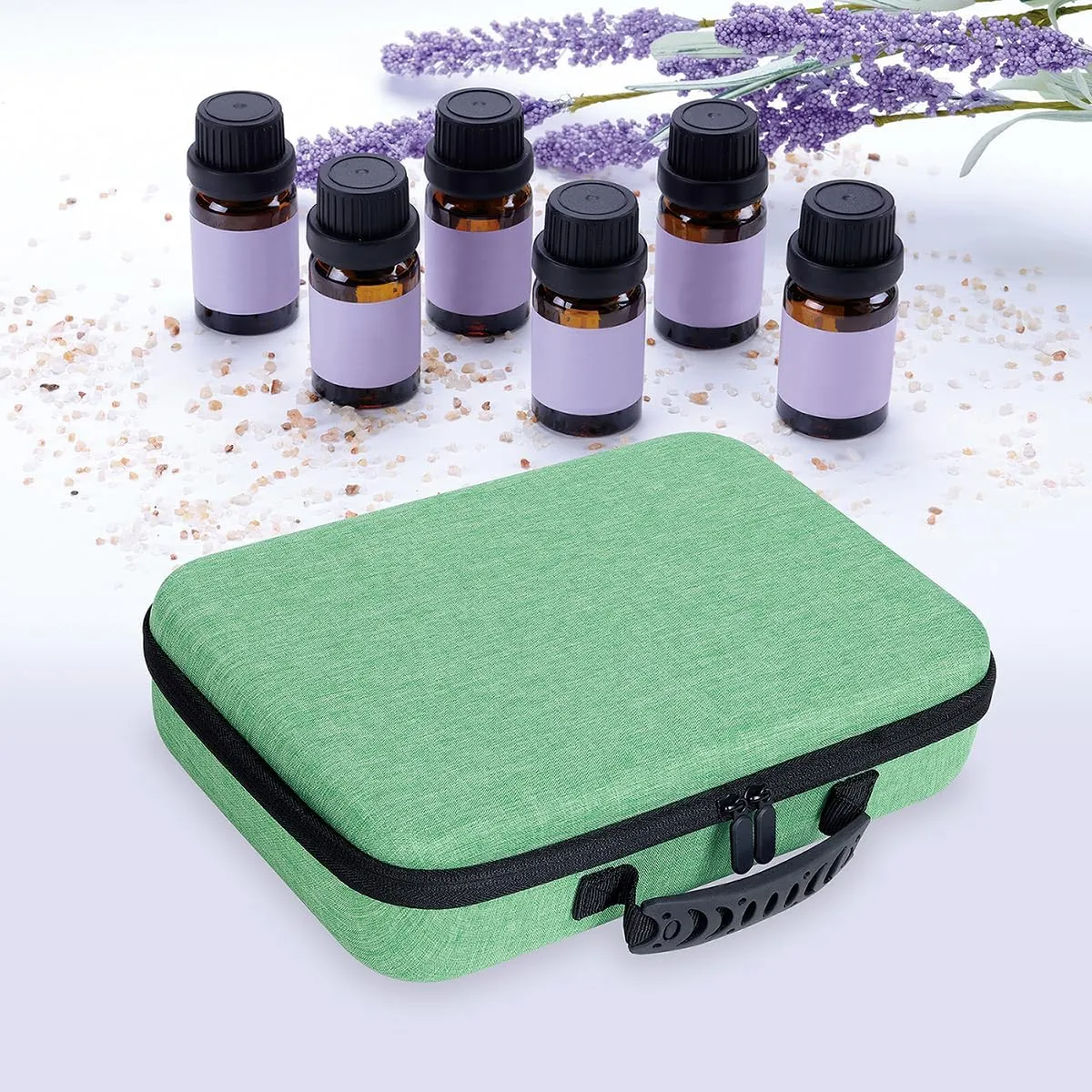 Essential Oils Carrying Case Holds 60 Grids for 1-3ML Roller Bottles 5ml, 10ml, 15ml Bottles Storage Organizer Bag Hard Shell EVA, Essential Oil Bag with Detachable Sponge Pad Green