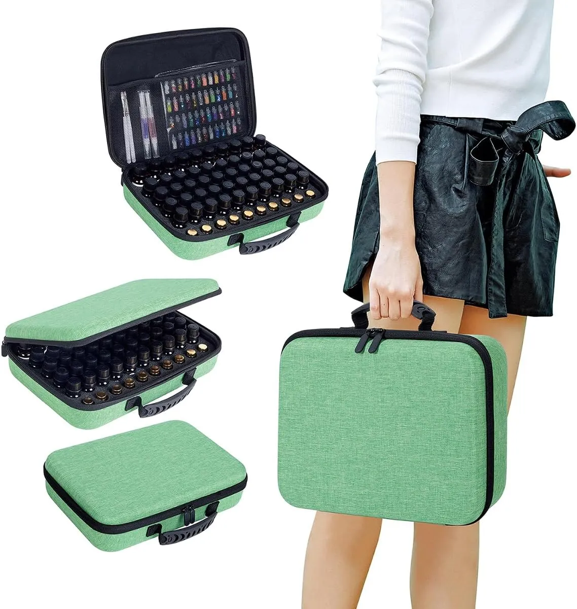 Essential Oils Carrying Case Holds 60 Grids for 1-3ML Roller Bottles 5ml, 10ml, 15ml Bottles Storage Organizer Bag Hard Shell EVA, Essential Oil Bag with Detachable Sponge Pad Green
