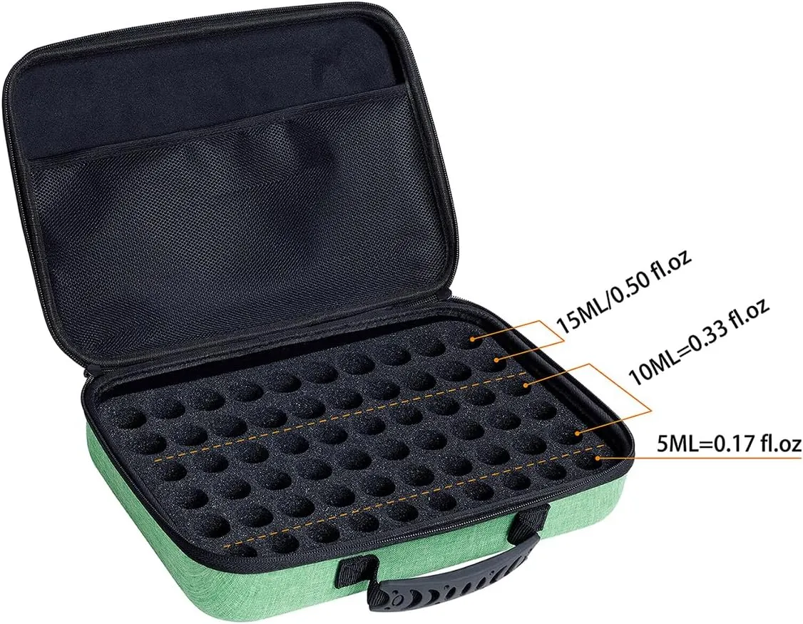 Essential Oils Carrying Case Holds 60 Grids for 1-3ML Roller Bottles 5ml, 10ml, 15ml Bottles Storage Organizer Bag Hard Shell EVA, Essential Oil Bag with Detachable Sponge Pad Green