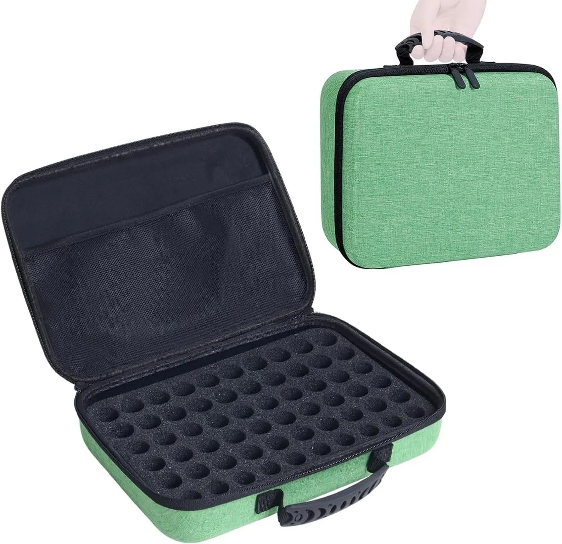 Essential Oils Carrying Case Holds 60 Grids for 1-3ML Roller Bottles 5ml, 10ml, 15ml Bottles Storage Organizer Bag Hard Shell EVA, Essential Oil Bag with Detachable Sponge Pad Green