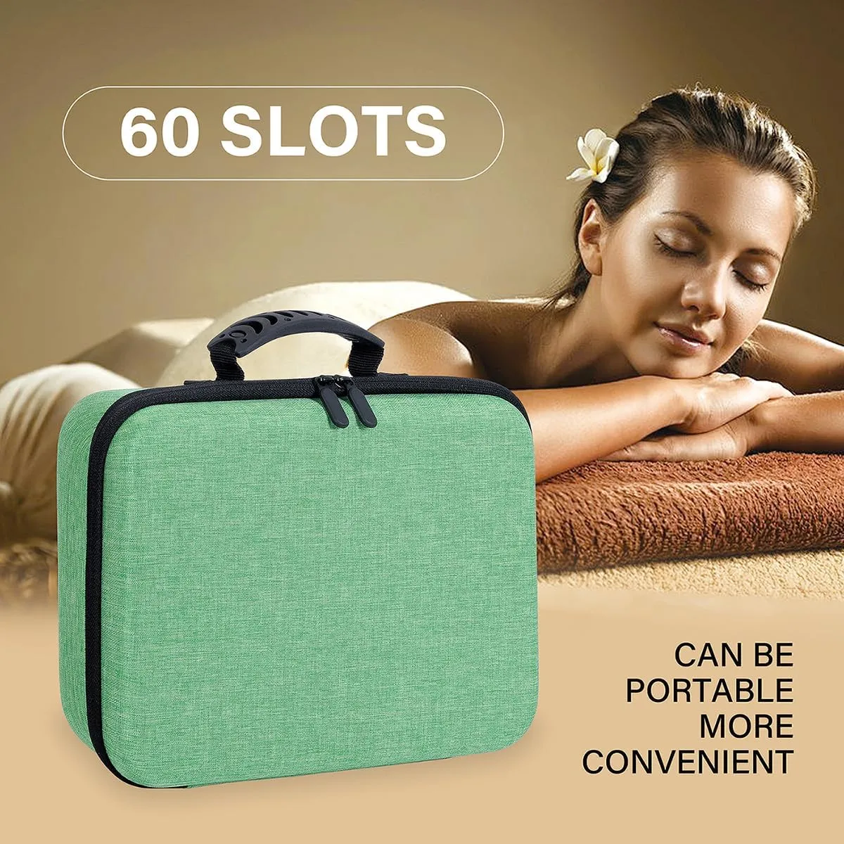 Essential Oils Carrying Case Holds 60 Grids for 1-3ML Roller Bottles 5ml, 10ml, 15ml Bottles Storage Organizer Bag Hard Shell EVA, Essential Oil Bag with Detachable Sponge Pad Green