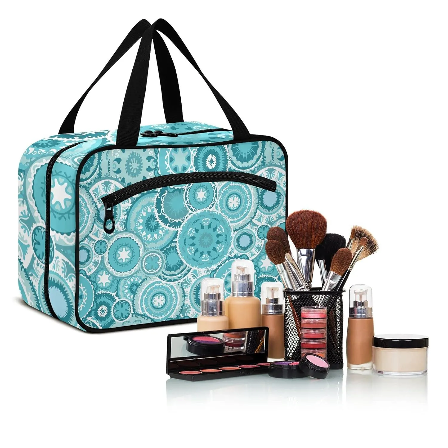 Ethnic Tribal Turquoise Circles Texture 1 PC Hanging Travel Wash bag with Handles, Portable Makeup Organizer Brush Storage Case Portable Travel Cosmetic with Hook L