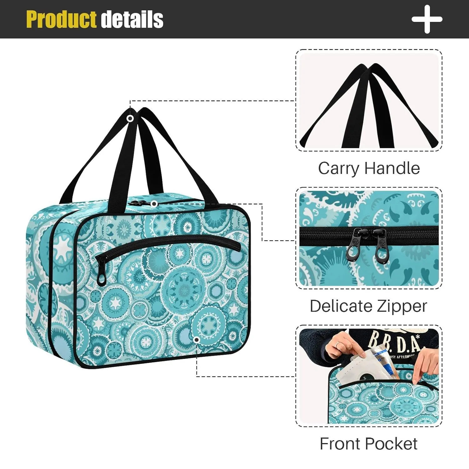 Ethnic Tribal Turquoise Circles Texture 1 PC Hanging Travel Wash bag with Handles, Portable Makeup Organizer Brush Storage Case Portable Travel Cosmetic with Hook L