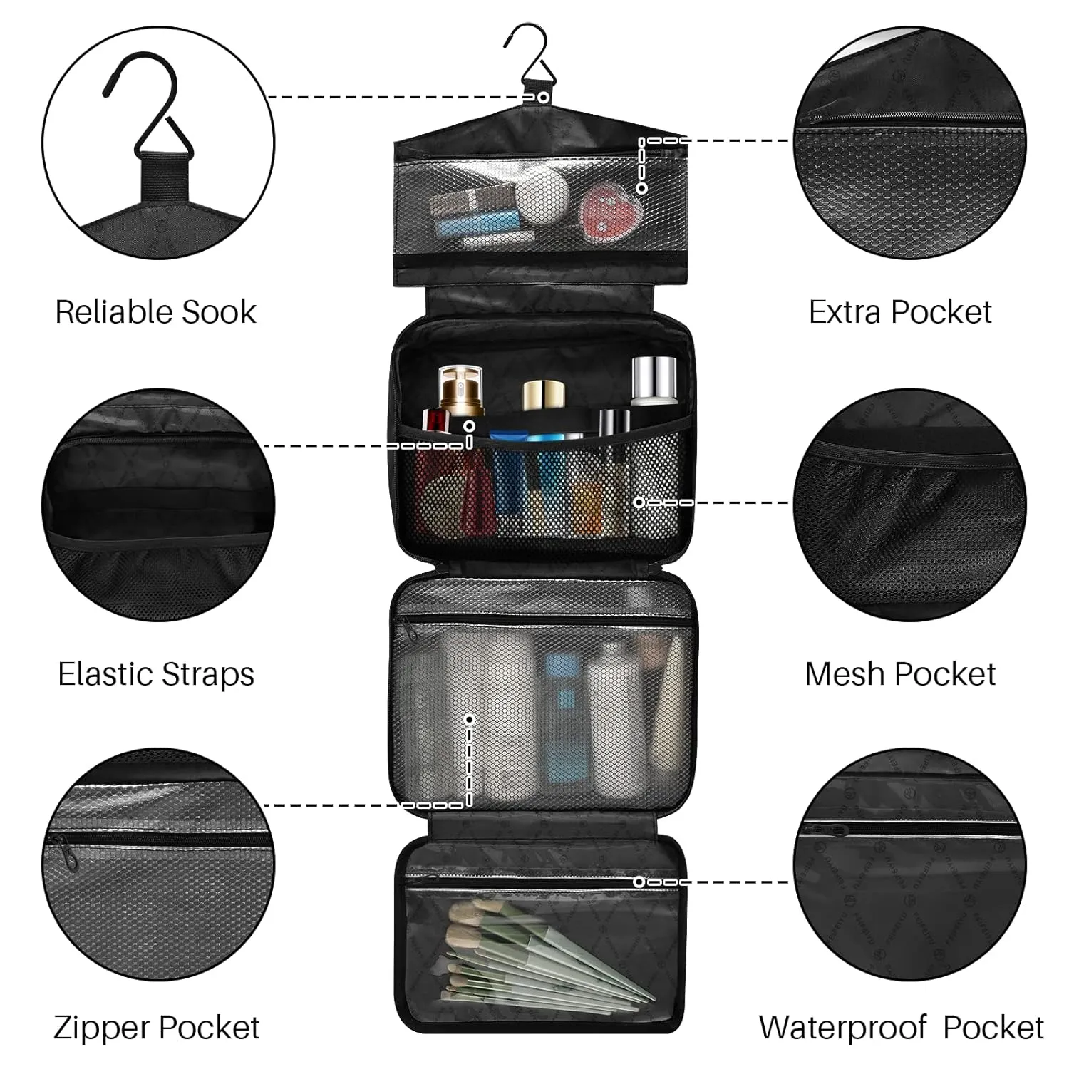Ethnic Tribal Turquoise Circles Texture 1 PC Hanging Travel Wash bag with Handles, Portable Makeup Organizer Brush Storage Case Portable Travel Cosmetic with Hook L