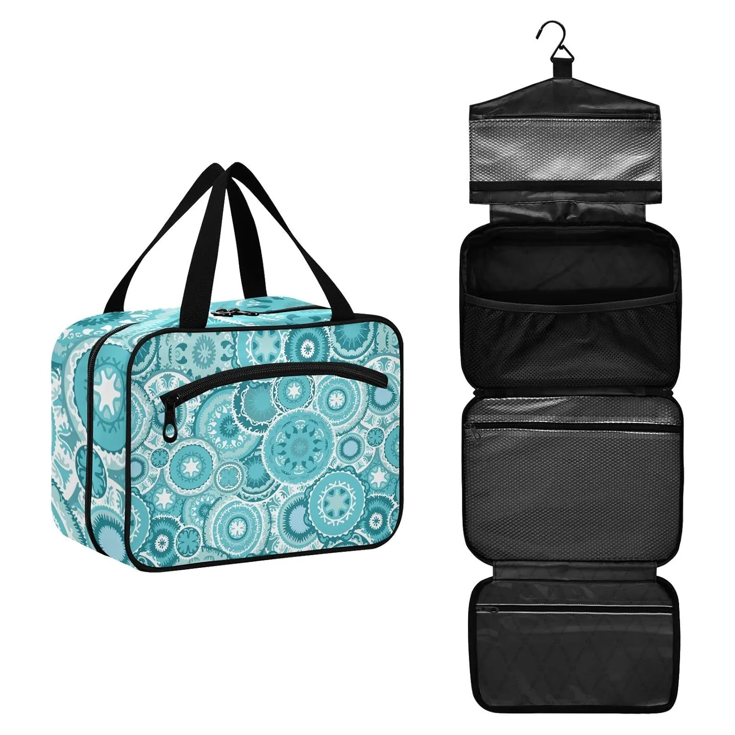 Ethnic Tribal Turquoise Circles Texture 1 PC Hanging Travel Wash bag with Handles, Portable Makeup Organizer Brush Storage Case Portable Travel Cosmetic with Hook L