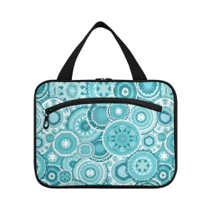 Ethnic Tribal Turquoise Circles Texture 1 PC Hanging Travel Wash bag with Handles, Portable Makeup Organizer Brush Storage Case Portable Travel Cosmetic with Hook L