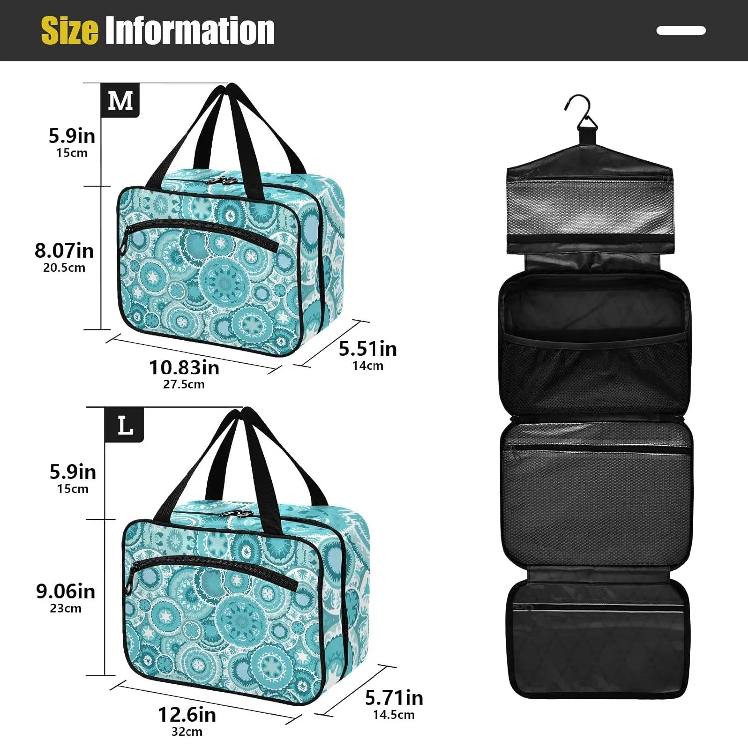 Ethnic Tribal Turquoise Circles Texture 1 PC Hanging Travel Wash bag with Handles, Portable Makeup Organizer Brush Storage Case Portable Travel Cosmetic with Hook L