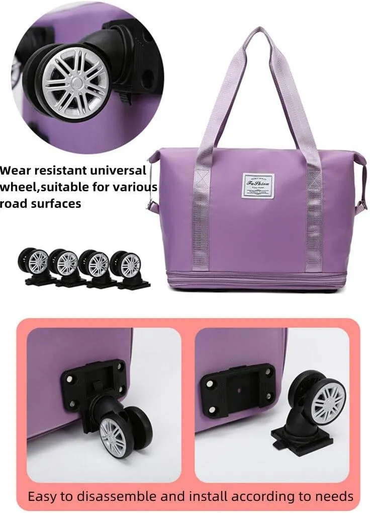 Expandable Carry Luggage Bag with Wheels Foldable Rolling Duffle Bag Large Capacity Dry Wet Separation Travel Bag Lightweight Suitcases for Men Women(Purple)
